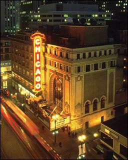 Exterior view ot the Chicago Theater and it's historic marquee, in the Loop.